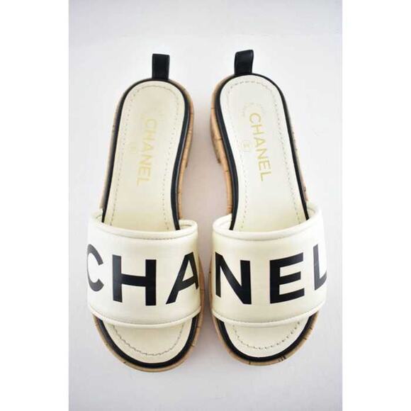 Chanel 19S Ivory Black Letter CC Logo Cork Mules Slide Sandal Flop Flat 35c - Picture 7 of 12